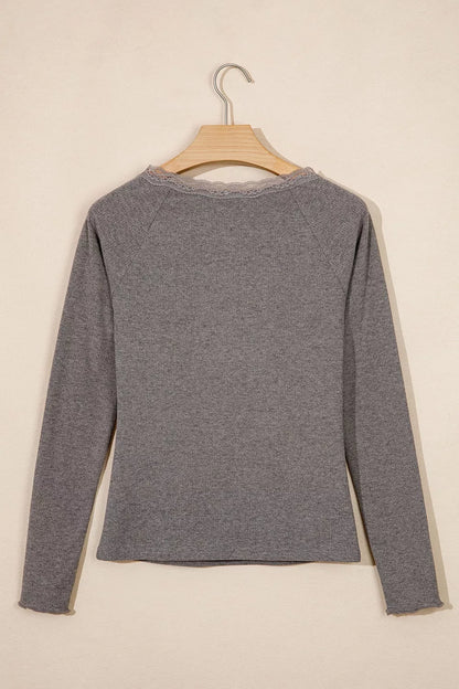 Solid Color Ribbed Lace Trim V-Neck Button Detail Long Sleeve Top - Dark Gray - View 5