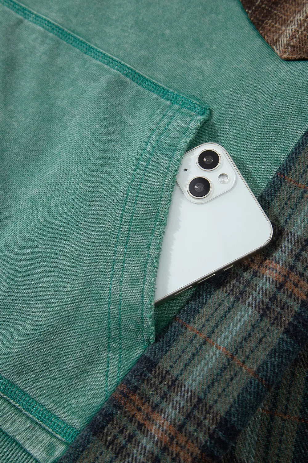 Plaid Kangaroo Pocket Hoodie - Sage - View 8