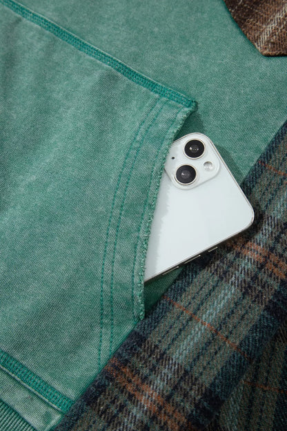 Plaid Kangaroo Pocket Hoodie - Sage - View 8