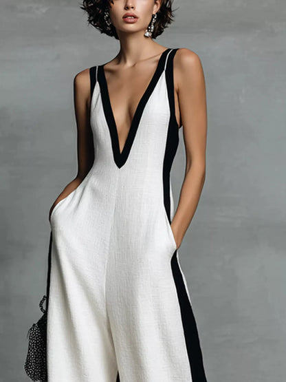 Contrast Trim V-Neck Sleeveless Jumpsuit - White - View 2