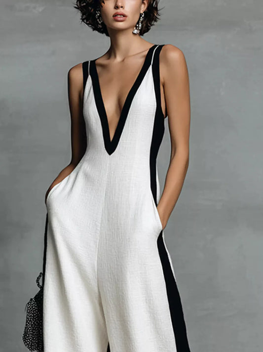 Contrast Trim V-Neck Sleeveless Jumpsuit - White - View 2