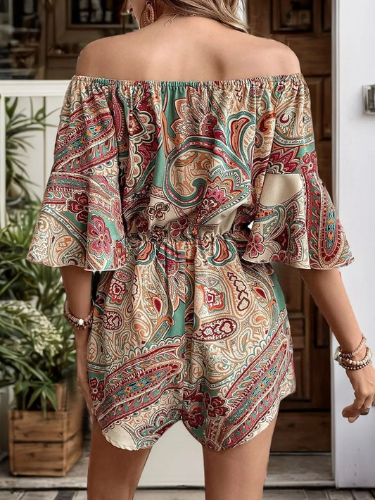 Perfee Printed Off Shoulder Half Sleeve Romper - product photo 2