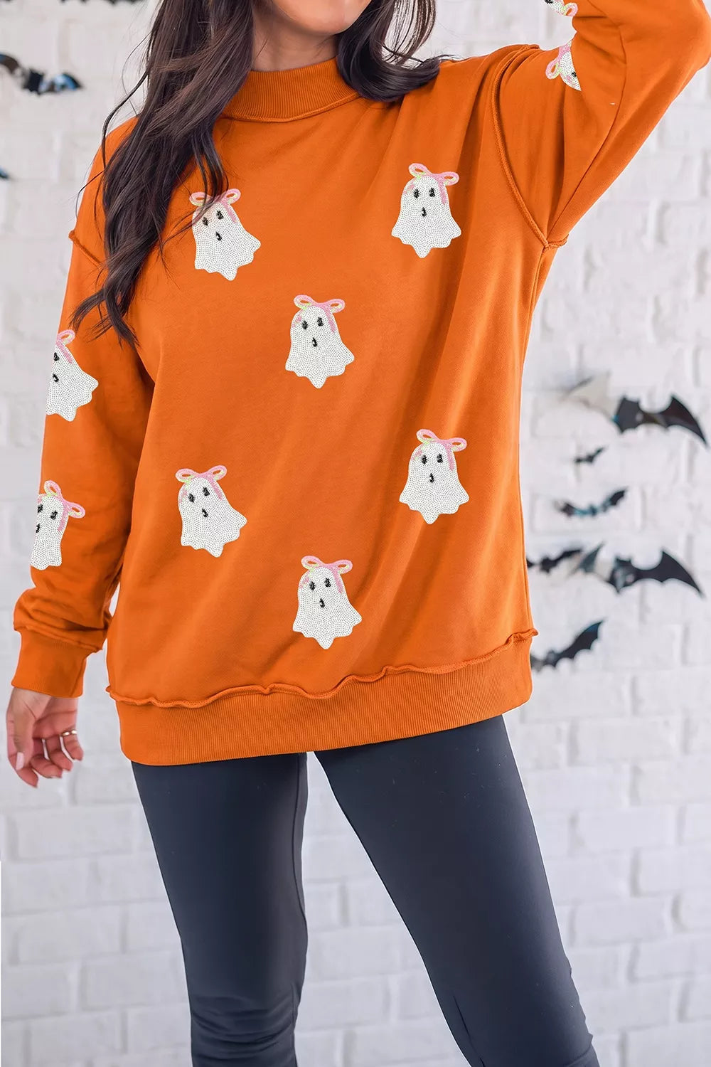 Sequin Ghost Exposed Seam Mock Neck Sweatshirt - Orange - View 1