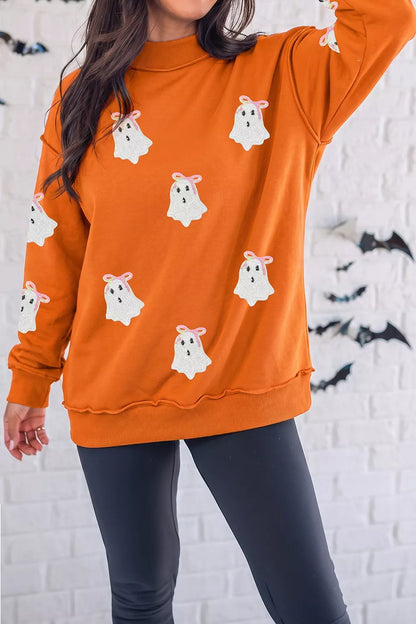 Sequin Ghost Exposed Seam Mock Neck Sweatshirt - Orange - View 1