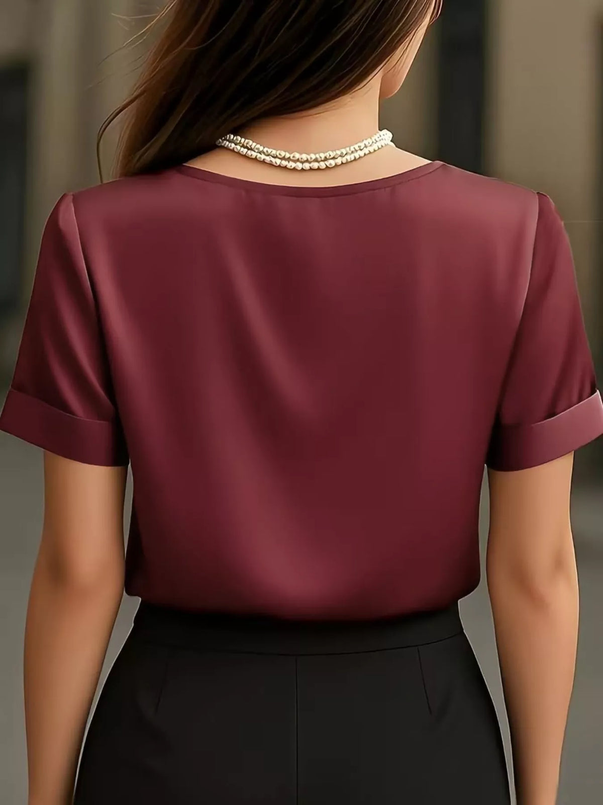 Elegant V-Neck Short Sleeve Ruched Top - Burgundy - View 8