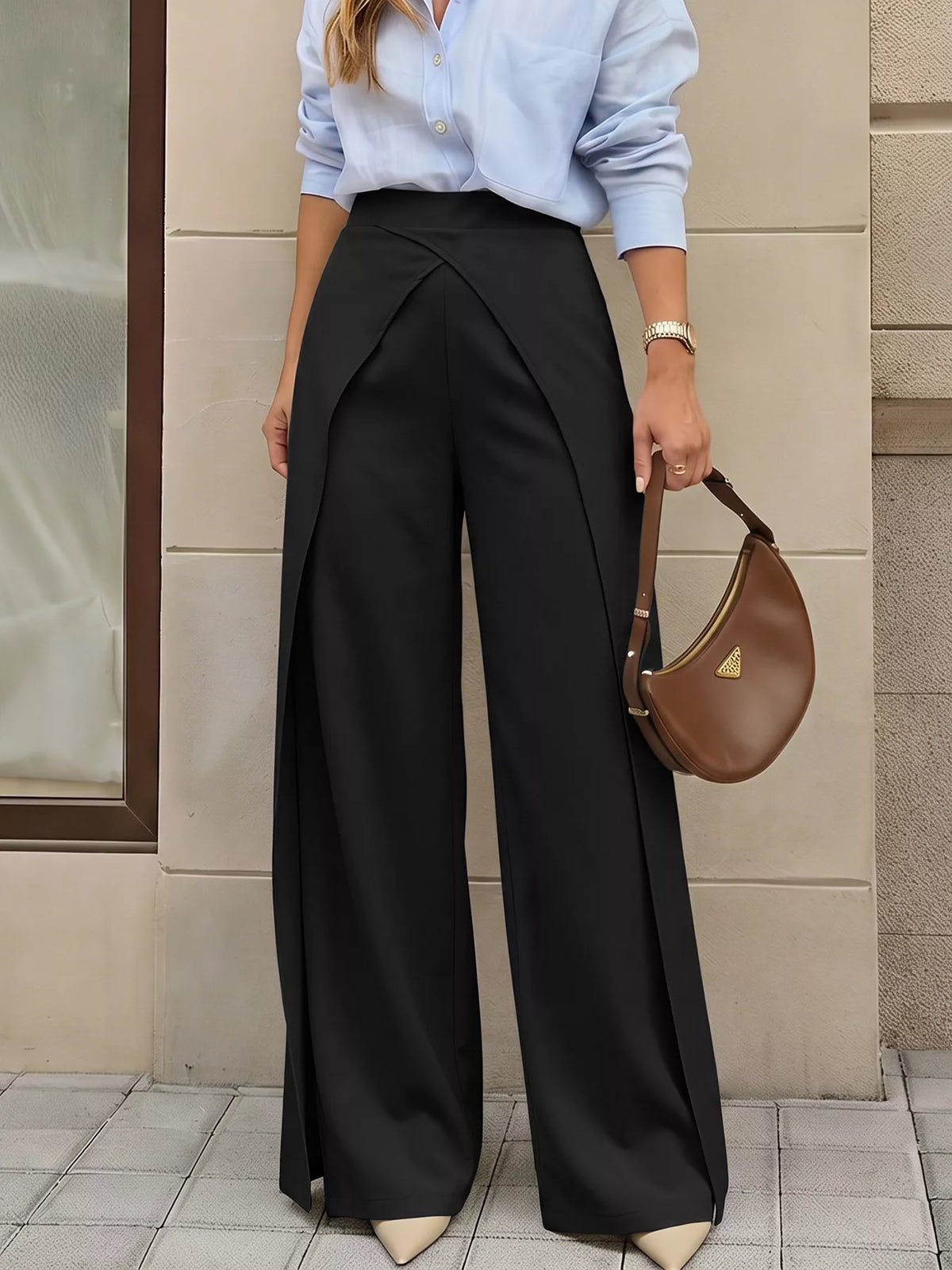 Wide-Leg Pants with Overlap Front Detail - Black - View 2