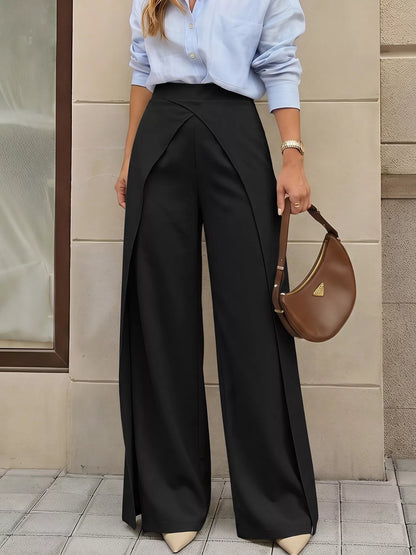 Wide-Leg Pants with Overlap Front Detail - Black - View 2