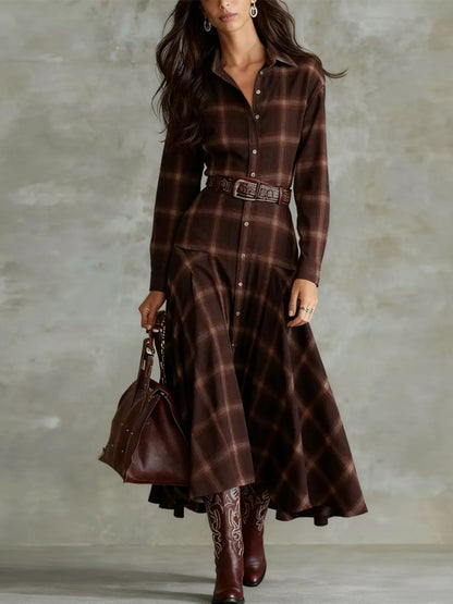 Plaid Button-Down Shirt Dress - Dark Brown - View 1