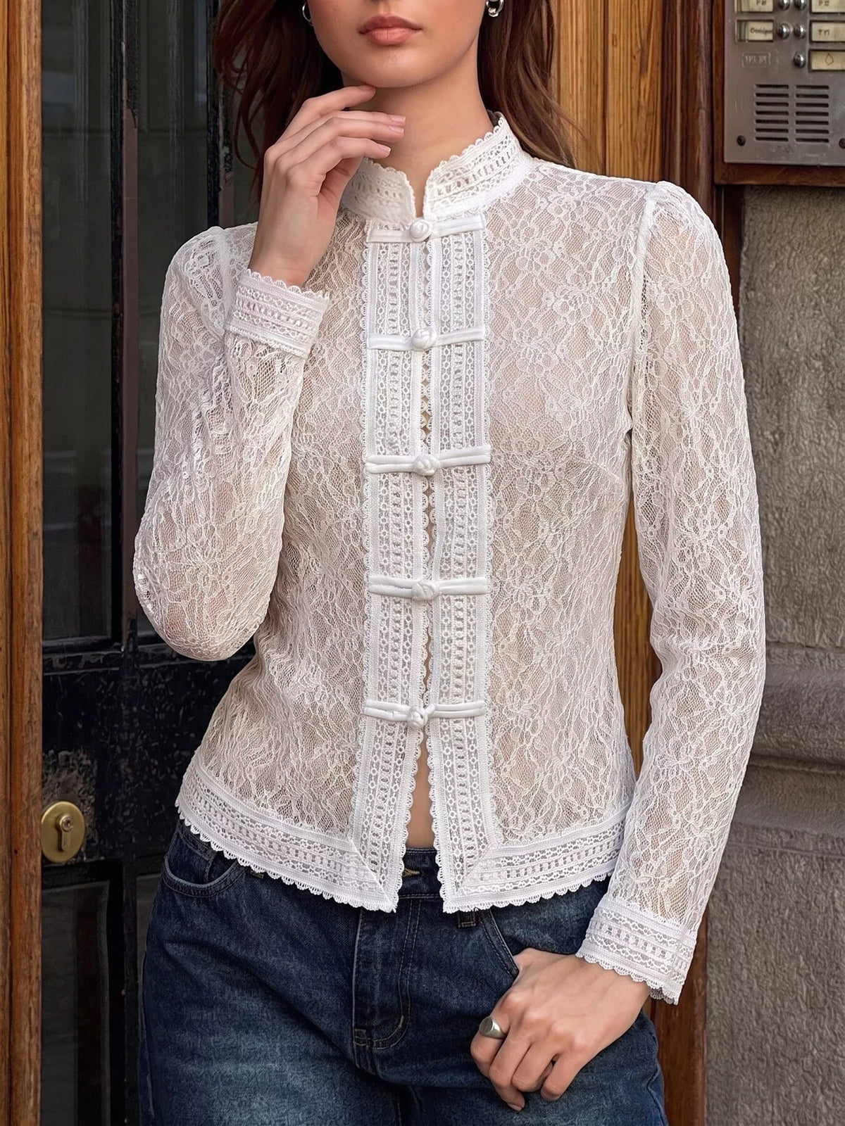 Lace Chinese Style Button Shirt - White - View 1