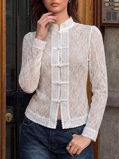 Lace Chinese Style Button Shirt - White - View 1