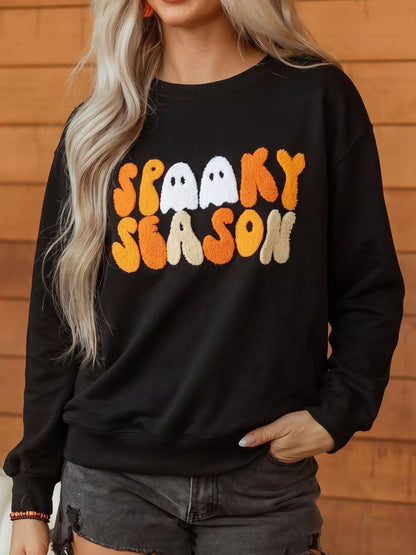 Embroidered Spooky Season Long Sleeve Round Neck Sweatshirt - Black - View 1