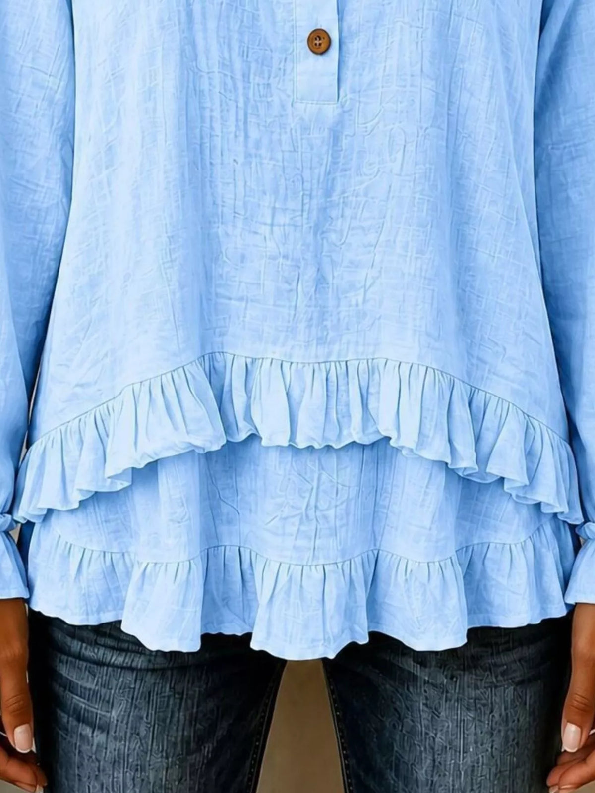 V-Neck Long Sleeve Button Detail Ruffled Hem Blouse - Sky Blue - View 3