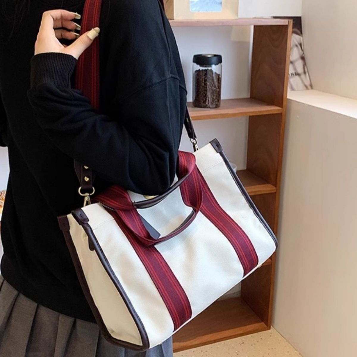 Contrast Canvas Tote Bag - White - View 1