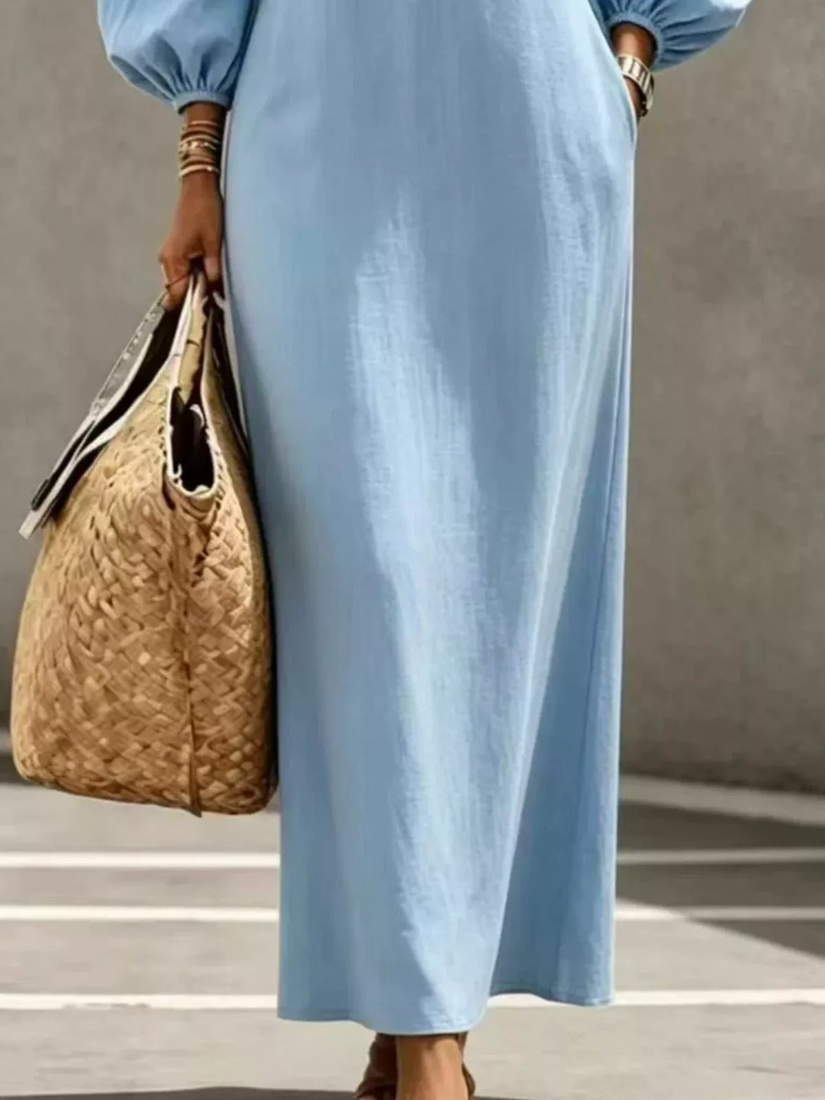 Decorative Button Balloon Sleeve Maxi Dress - Sky Blue - View 3