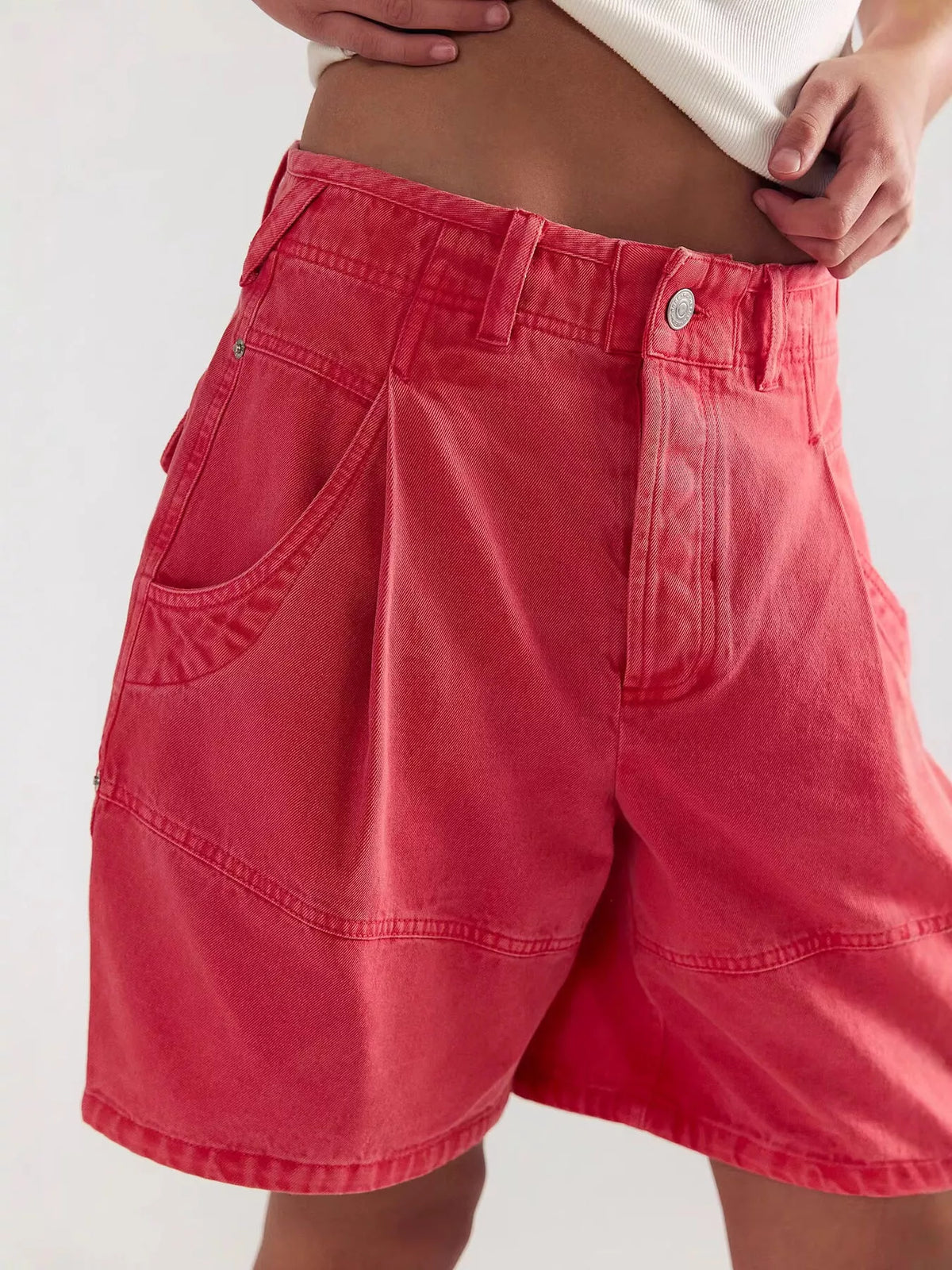 High-Waisted Denim Shorts - Red - View 2