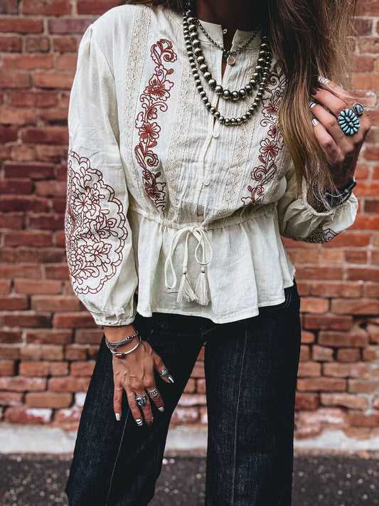 Embroidered Drawstring Waist Blouse - product photo 2