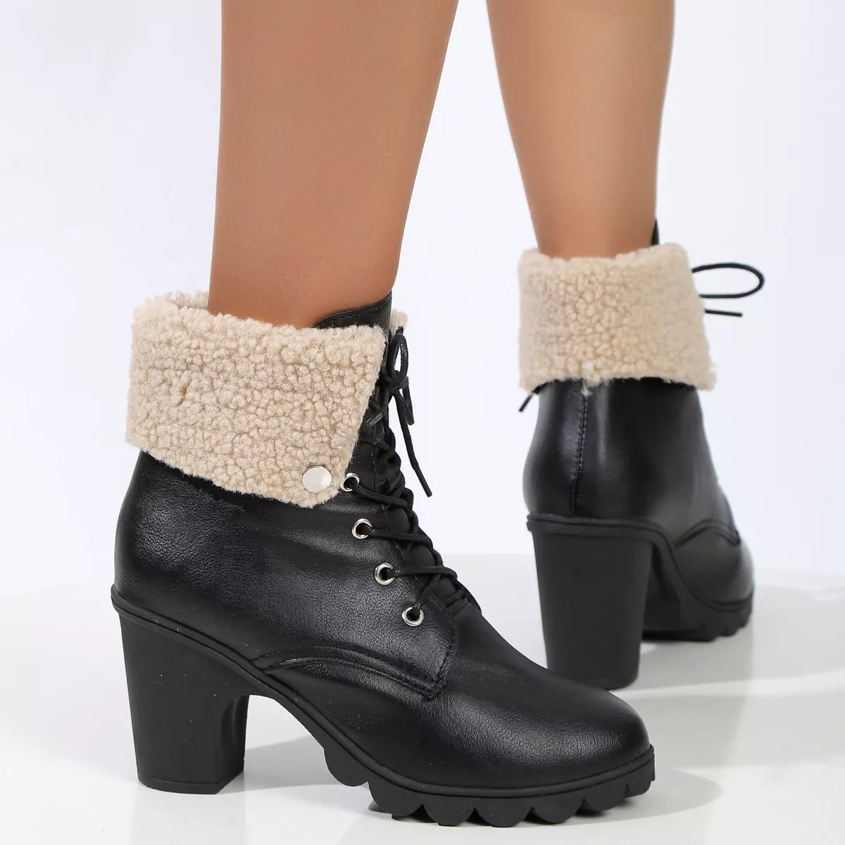 Lace Up Block Heels Boots - Black - View 8