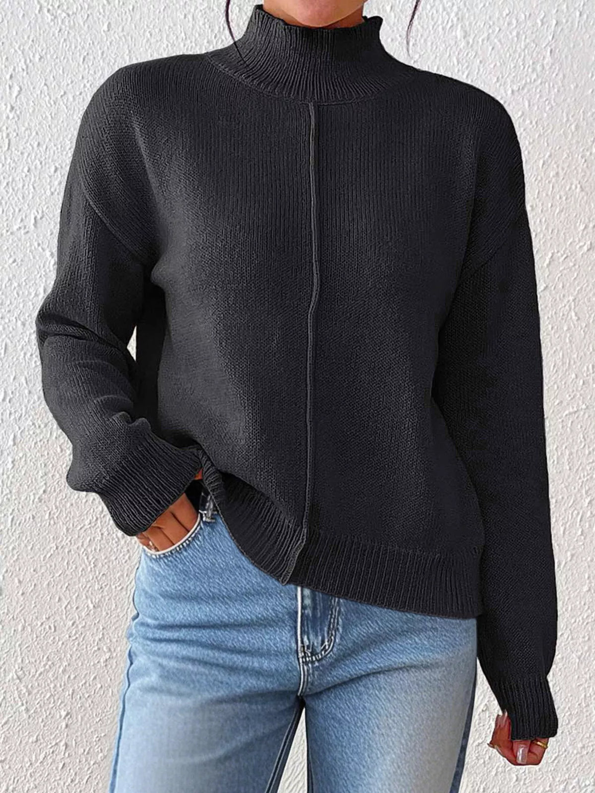 Center Seam Detail Turtleneck Sweater - Black - View 1