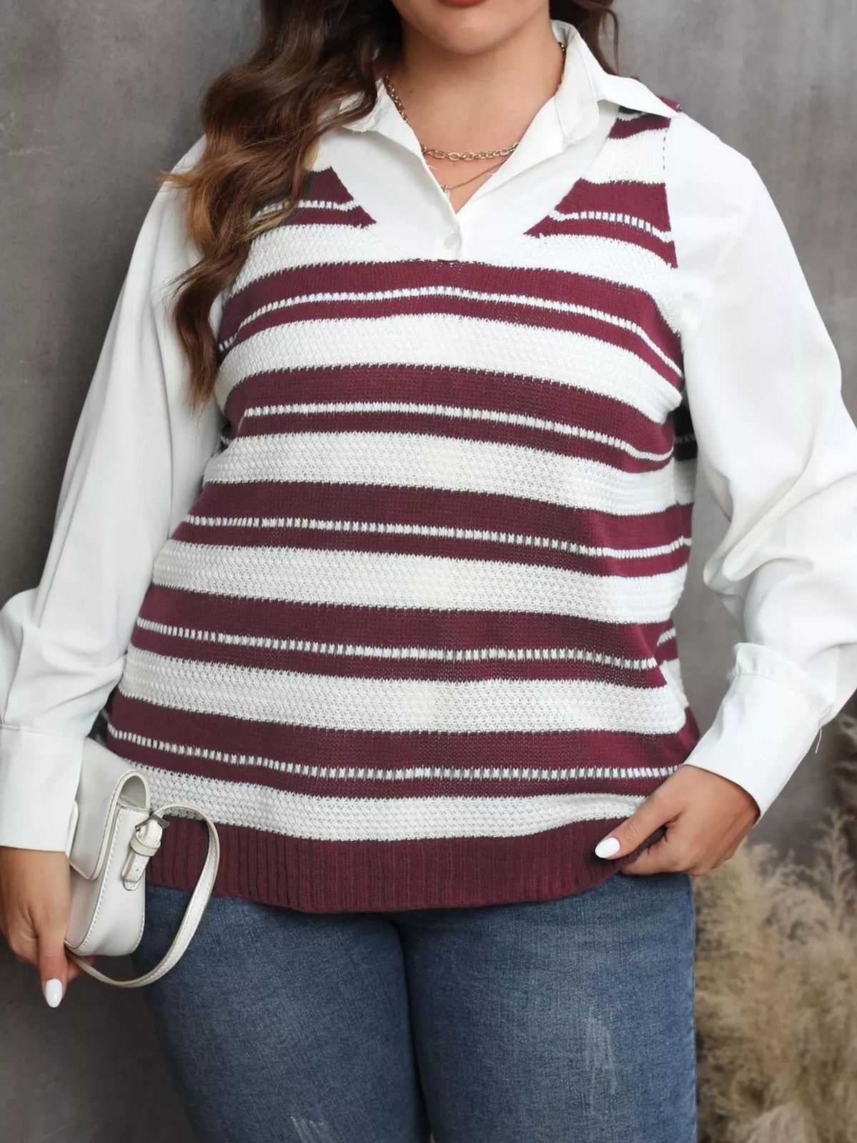 Plus Size Striped V-Neck Knit Sweater Vest - Wine Red - View 1