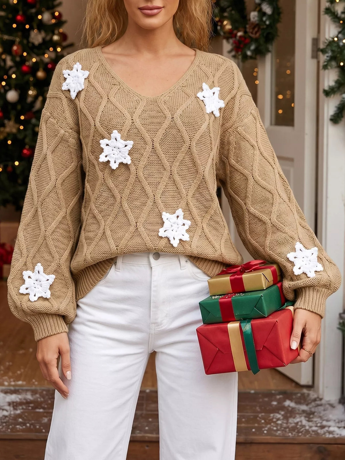 Snowflake Textured V-Neck Sweater - Khaki - View 2