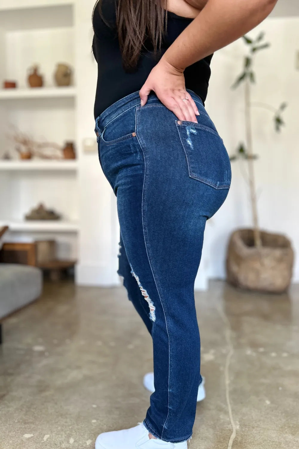 Judy Blue Full Size High Waist Rigid Magic Heavy Destroy Straight Jeans - Dark - View 4