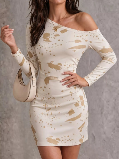 One-Shoulder Long Sleeve Paint Splatter Bodycon Mini Dress - Beige - View 2