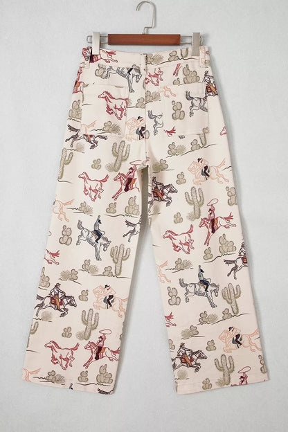 Western Print Straight Leg Ankle-Length Pocket Jeans - Beige - View 4