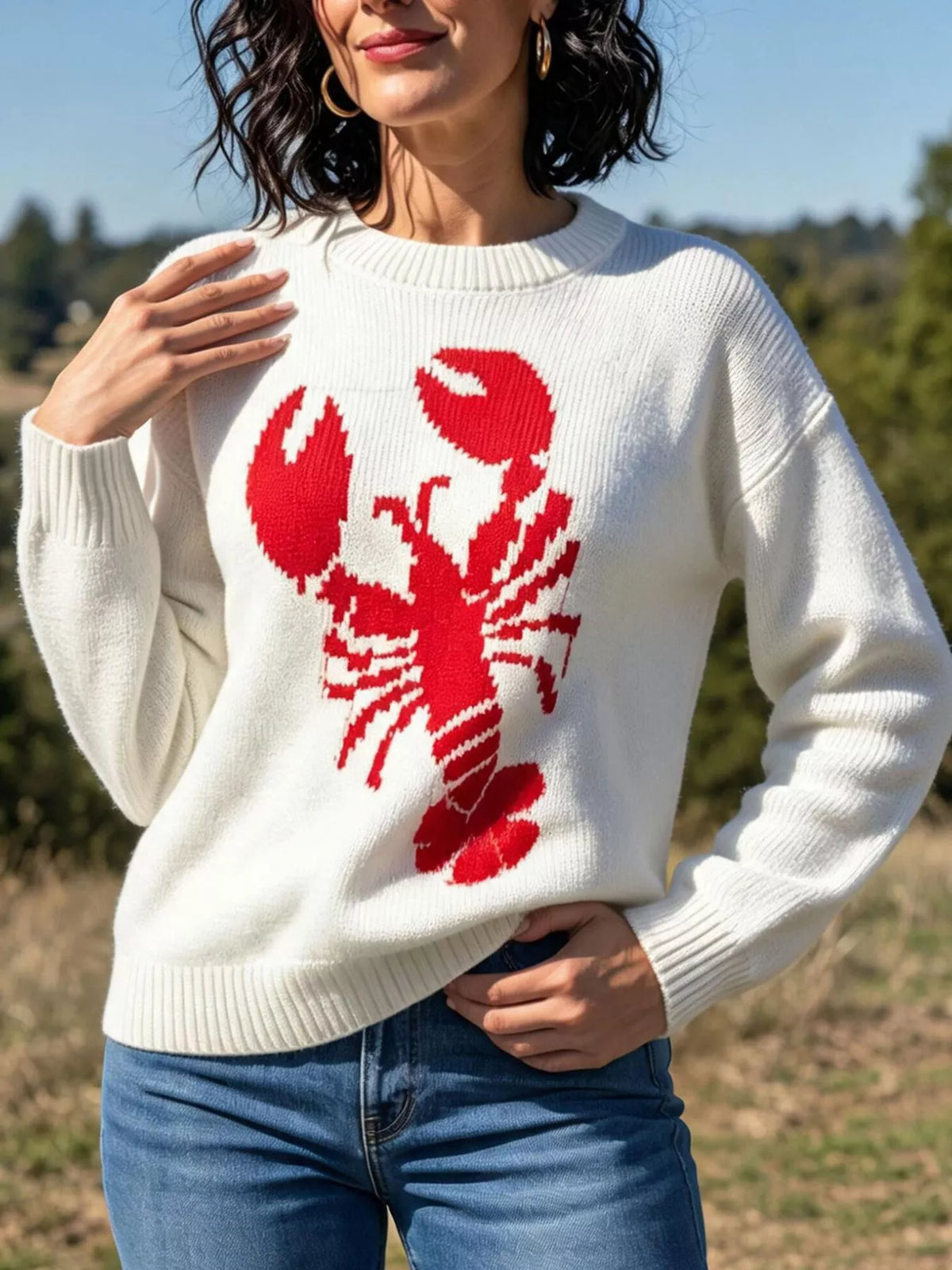Lobster Graphic Crew Neck Sweater - Ivory - View 3