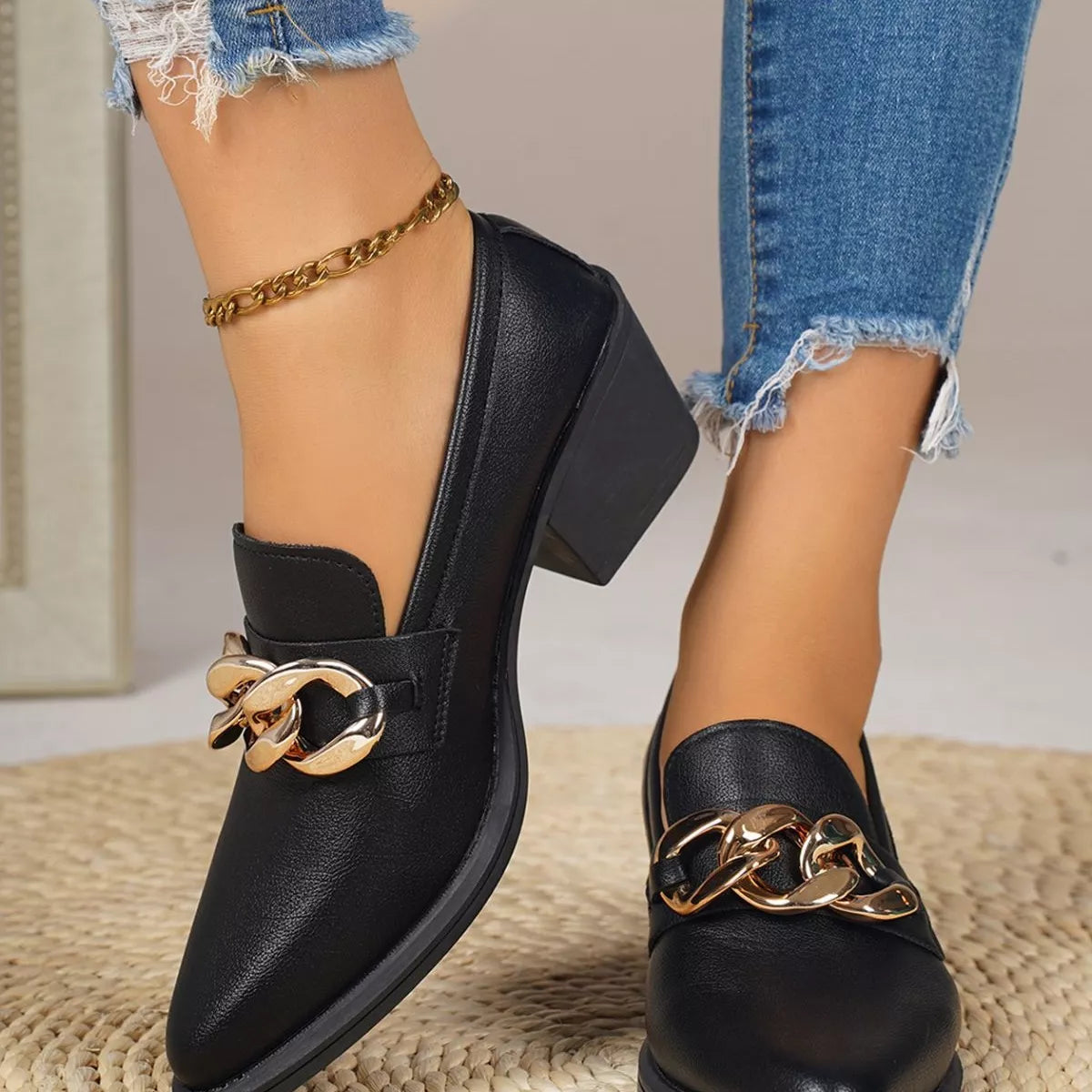 Point Toe Block Heels Loafers - F35 Black - View 9