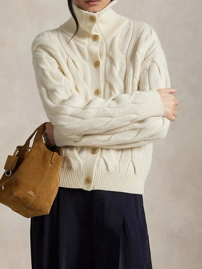 Cable Knit Button Up Cardigan - Baby White - View 1
