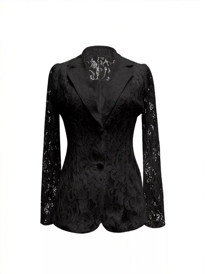 Lace Button Up Fitted Blazer - Black - View 2