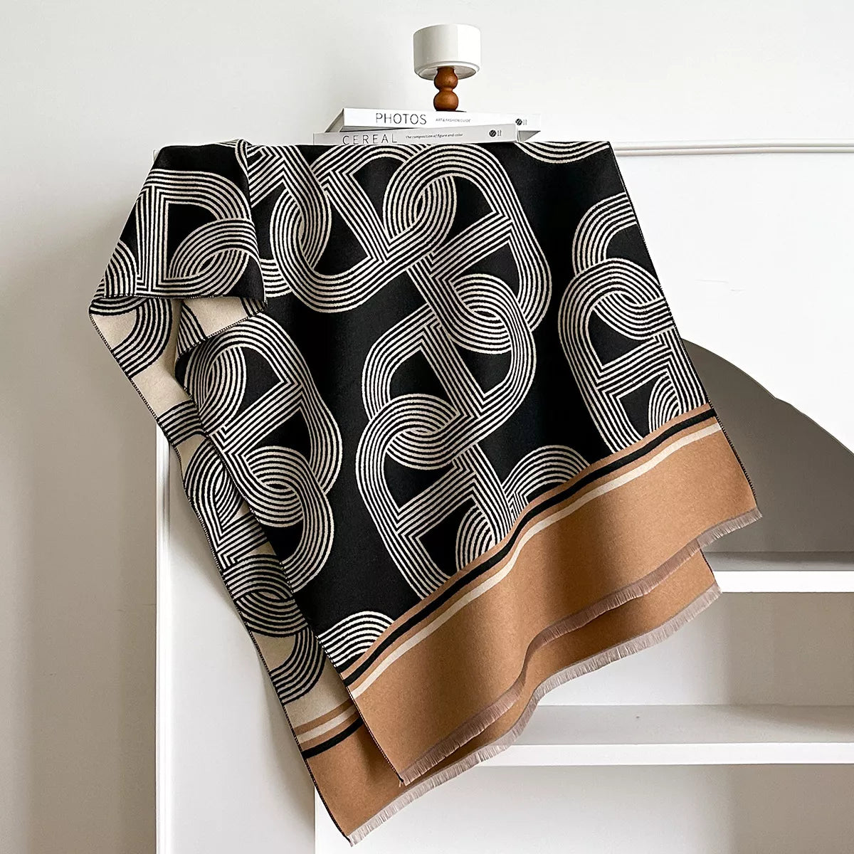 Geometric Pattern Raw Hem Scarf - Black - View 2