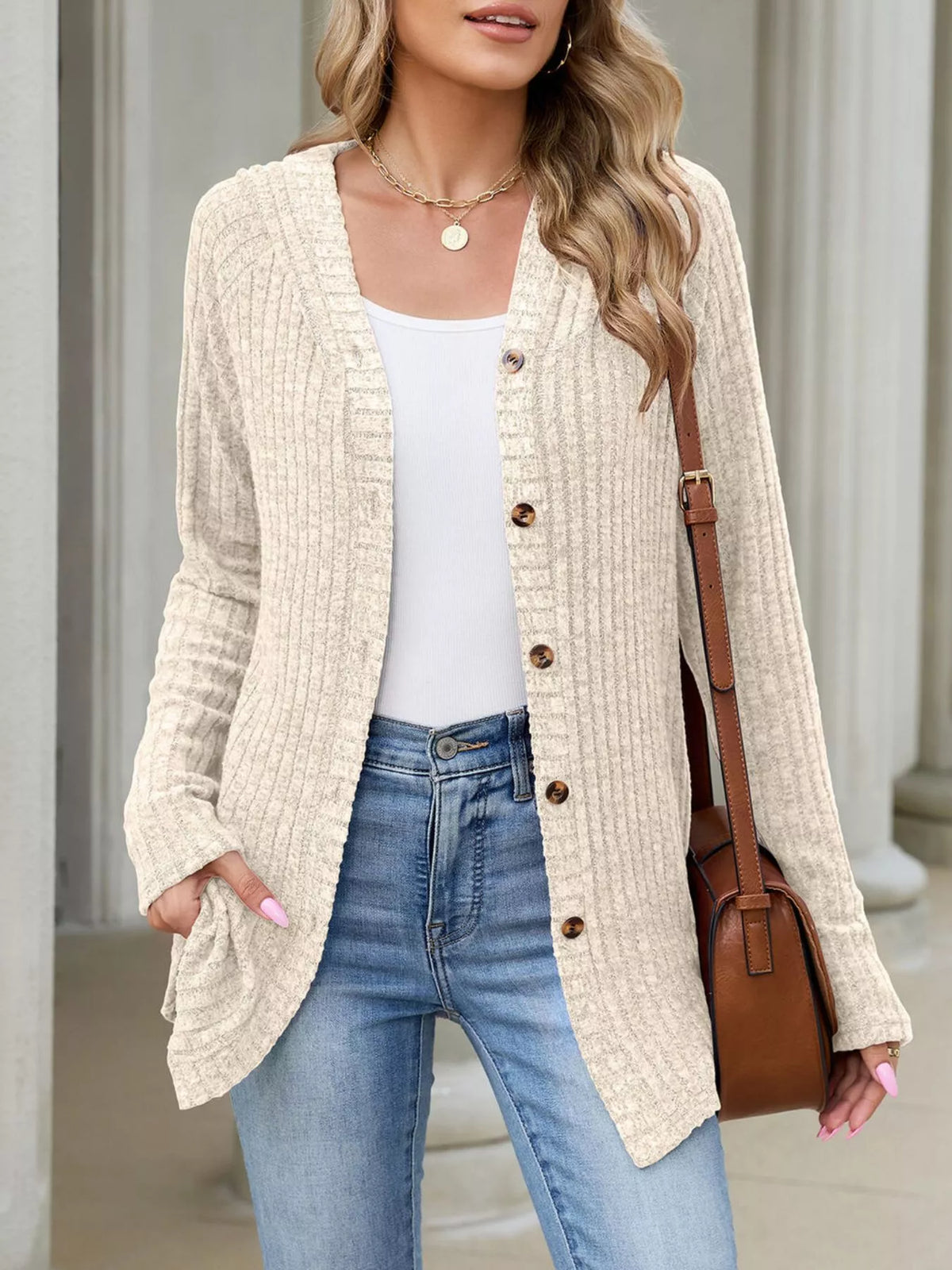 Ribbed Knit Hooded Button-Down Cardigan - Apricot Color - View 5