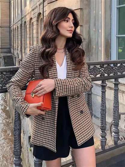 Plaid Lapel Collar Long Sleeve Blazer - Khaki - View 4