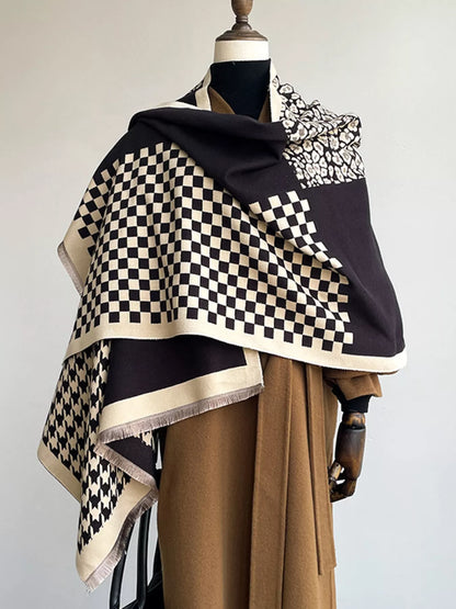Checkered Raw Hem Scarf - Black And White - View 1