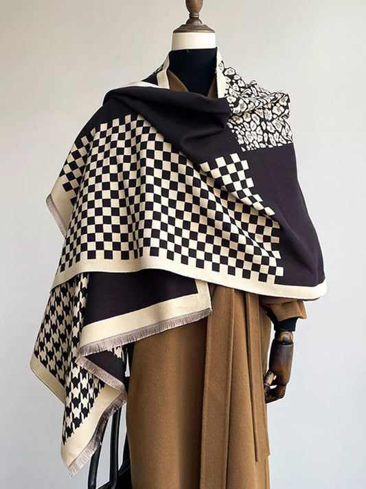 Checkered Raw Hem Scarf - Black And White - View 1