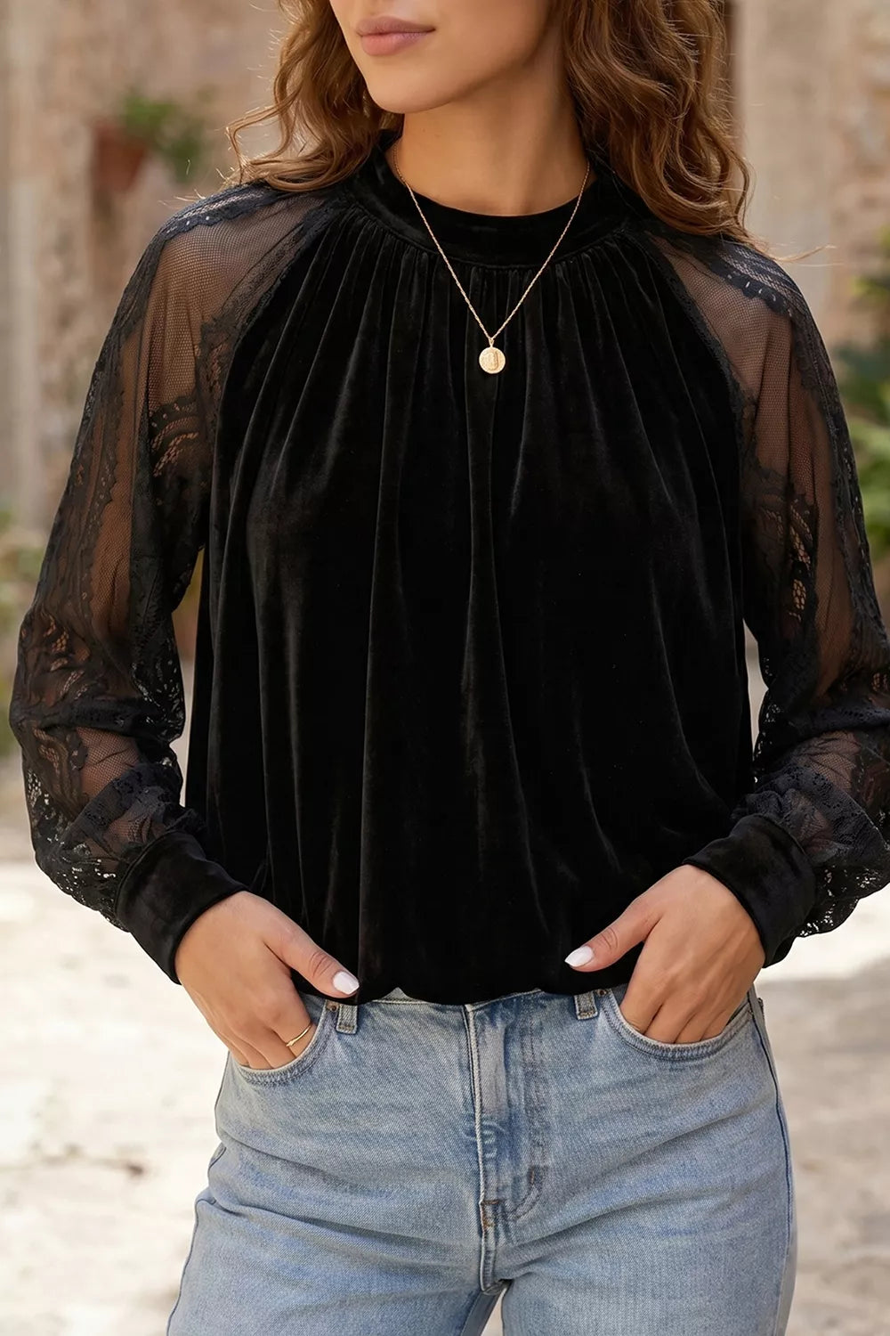 Solid Color Sheer Lace Long Sleeve Patchwork Stand Neck Velvet Blouse - Black - View 4
