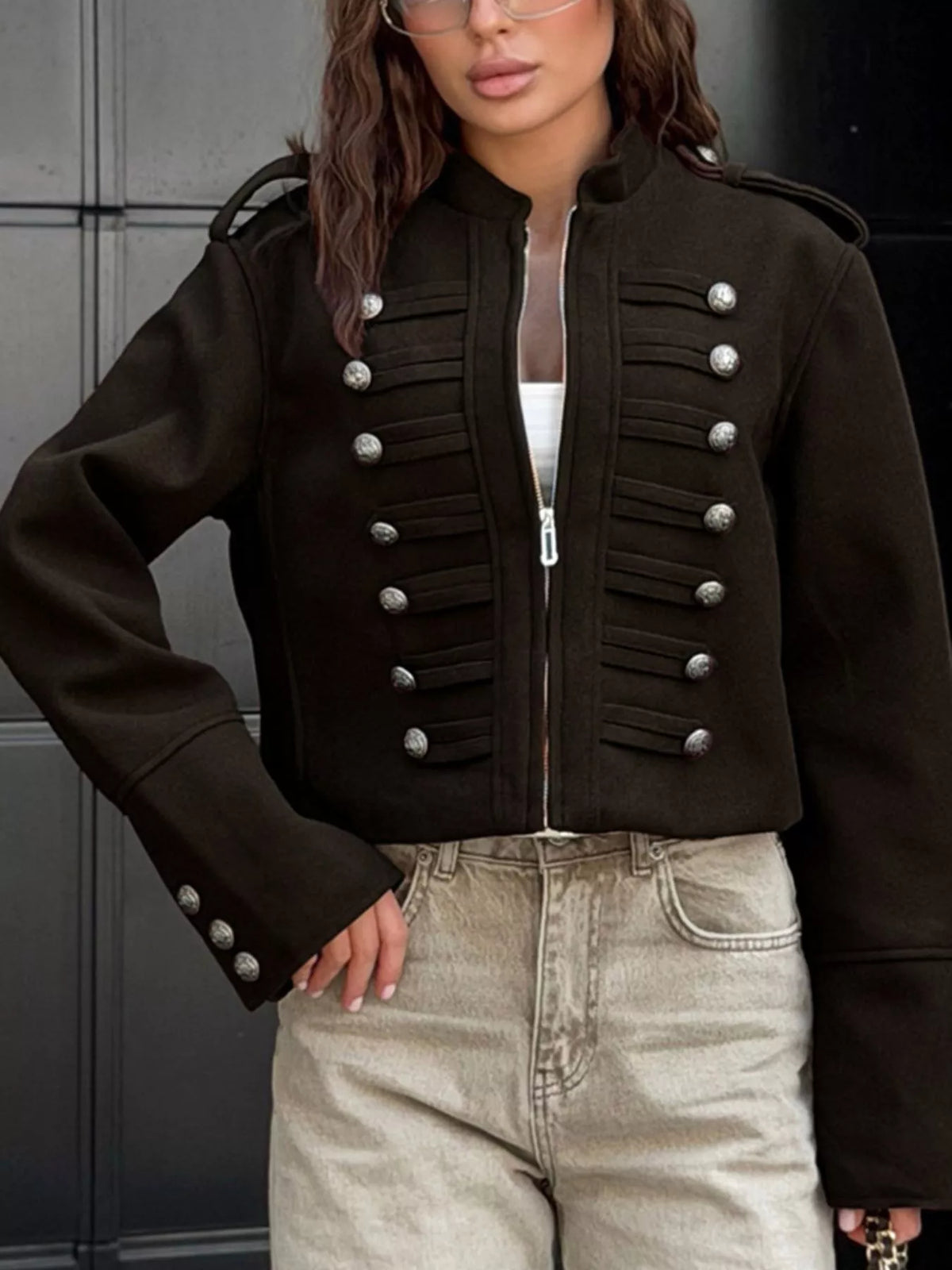 Zip Up Cropped Jacket - Coffee Brown - View 2