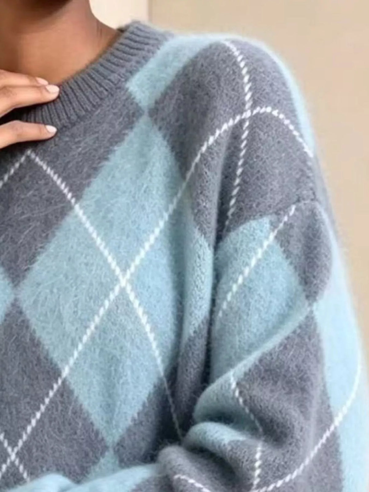 Argyle Pattern Fuzzy Knit Sweater - Sky Blue - View 15