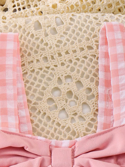 Children's Bow Plaid Wide Strap Jumpsuit - Pink - View 3