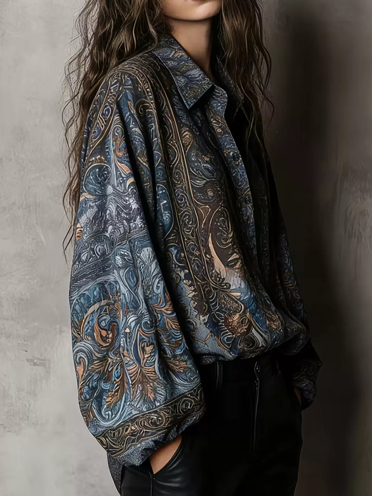 Full Size Vintage Print Long Sleeve Oversized Blouse Plus Size - Navy - View 3