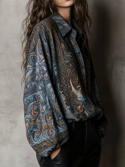 Full Size Vintage Print Long Sleeve Oversized Blouse Plus Size - Navy - View 3