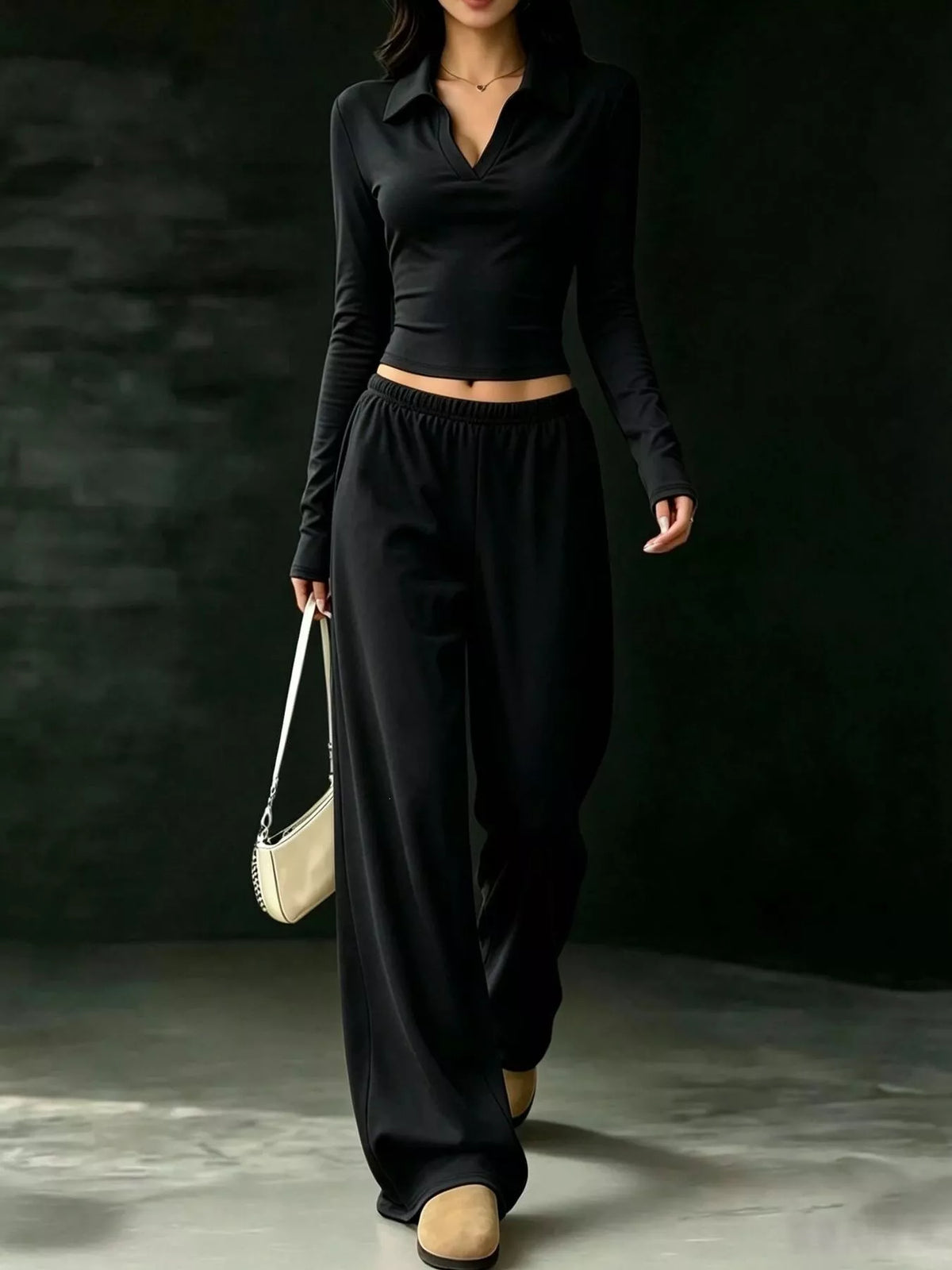 Solid Color Long Sleeve Polo Collar Top and Wide Leg Pants Set - Black - View 3