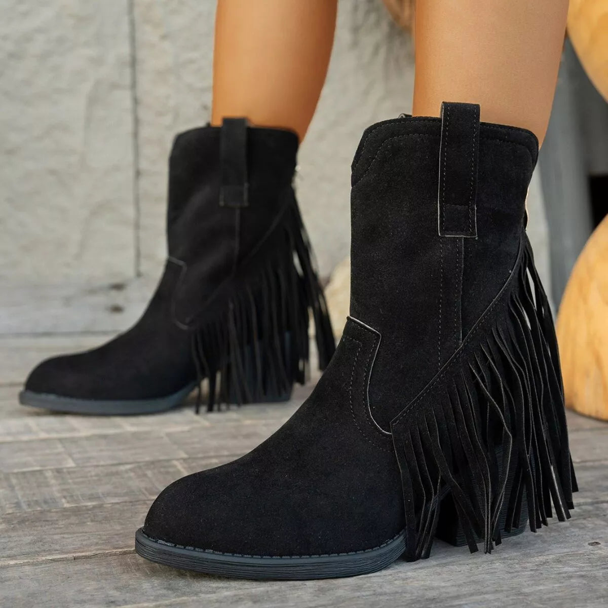 Fringe Block Heel Ankle Boots - Black - View 5