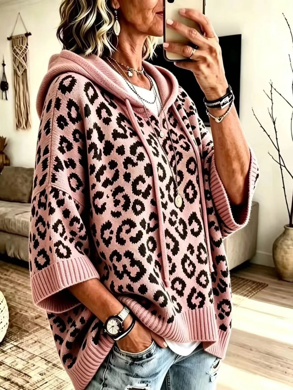 Drawstring Leopard Hooded Sweater - Pink - View 13