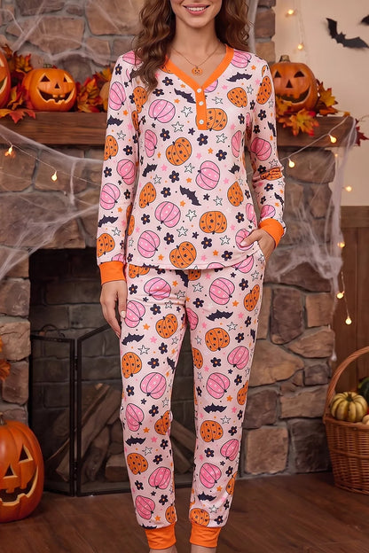 Halloween Pumpkin Print Long Sleeve Home Wear Lounge Set - Dusty Pink - View 1