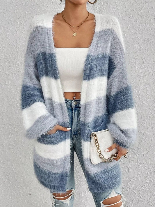 Striped Fuzzy Knit Open Front Cardigan - product photo 1