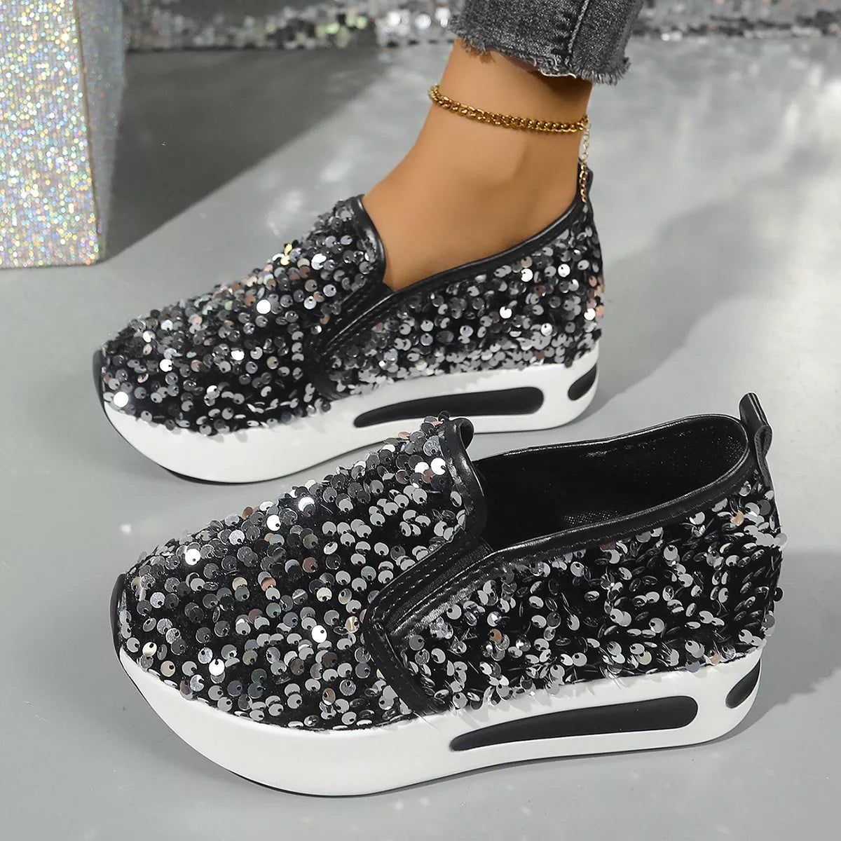Sequin Round Toe Slip-Ons - Black - View 2