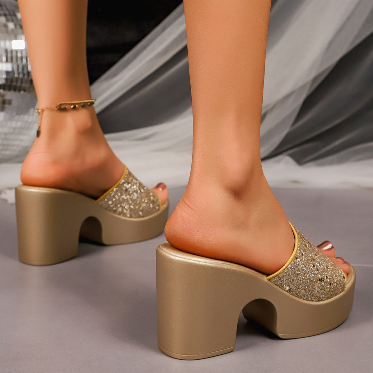 Open Toe Block Heels Sandals - Mustard - View 8
