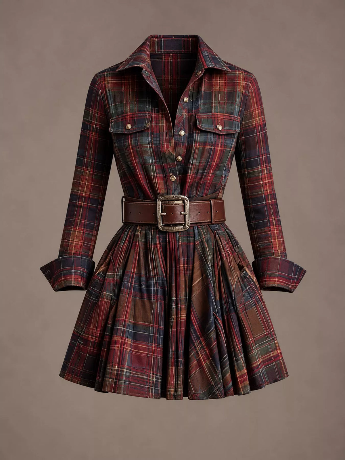 Plaid Long-Sleeve Shirt Dress - Red Brown (with Belt) - View 4